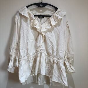 Express Shirt Women's Large Ruffle Balloon Sleeves Peplum White Gold Blouse